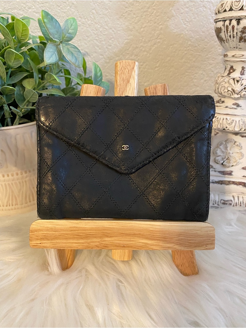 Vintage Chanel Black Quilted Envelope Wallet 1980s